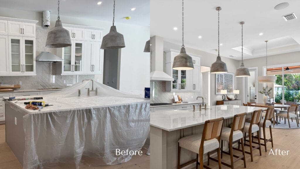 A side-by-side before and after comparison of a modern kitchen staging project. The left "Before" side shows a kitchen under construction with plastic drop cloths covering the island and counter. The right "After" side shows the beautifully staged and finished open-concept kitchen, complete with wooden barstools lined up at the pristine island, glowing pendant lights, and a styled dining area in the background.