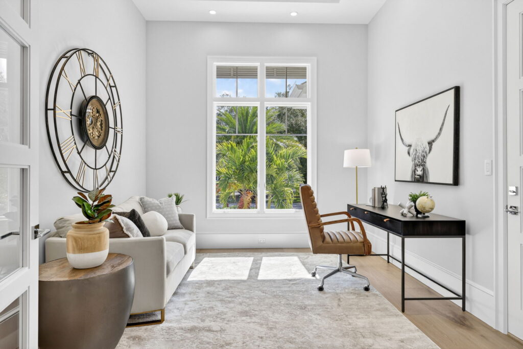 Alt text: Professionally staged home office at Bowline showcasing a functional workspace with modern furnishings and thoughtful styling. 