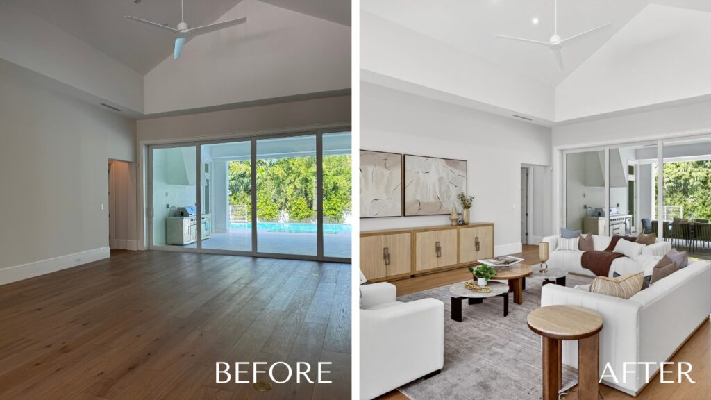 Alt text: Home staging before and after showing a vacant living room transformed into an inviting, professionally staged space.