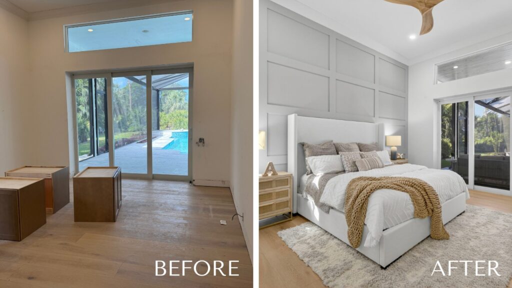 Alt text: Before and after comparison of a vacant bedroom transformed into a warm, professionally staged bedroom.