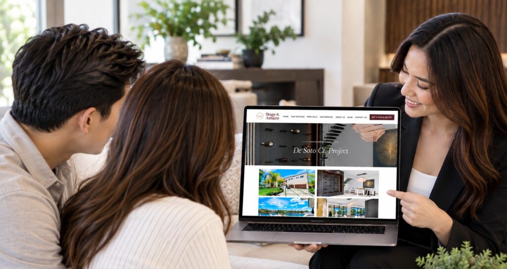 Alt text: Real estate agent demonstrating digital listing presentation template to home sellers.