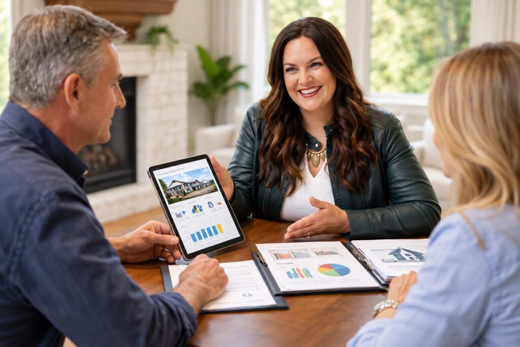 Alt text: Realtor presenting home staging data and market insights to a couple in a modern staged living room.